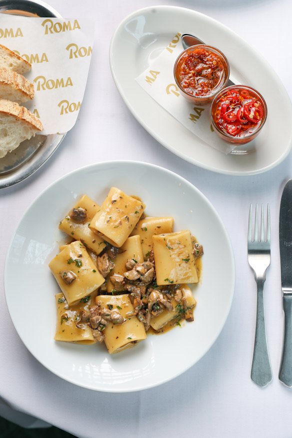 Pasta dishes, such as paccheri baronessa, are served with chilli oil and an Italian take on XO sauce (top right).