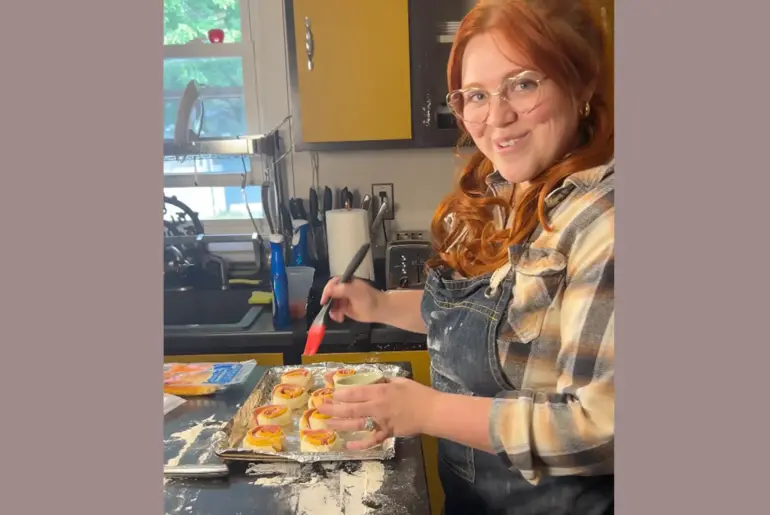Kiki Ruff in her Indiana kitchen making a video for her "Recession Recipe" series.