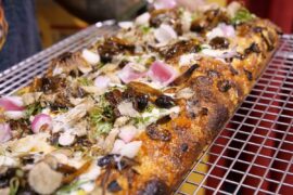 This photo shows a close-up view of the pizza described in the article and recipe.
