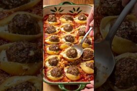 🧀🍝 Meatball Stuffed Shells Bake | Cheesy Italian Comfort Food Dinner 🔥