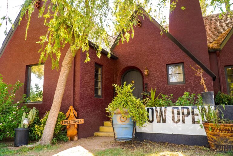A small red building.