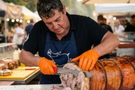 Cutting Italian Pork Roast "Porchetta". Italy Street Food